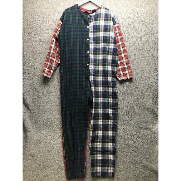 Vintage J Crew Patchwork Plaid Union Suit Men's Large Pajama Coverall Flannel - Picture 1 of 9